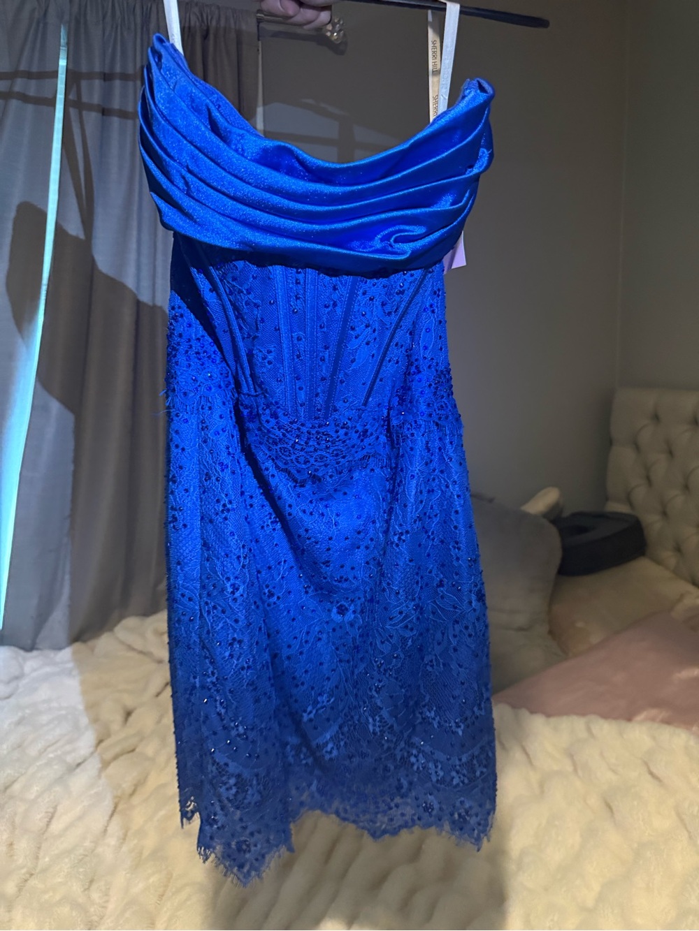 Sherri Hill Strapless Cobalt Blue Lace Cocktail Dress